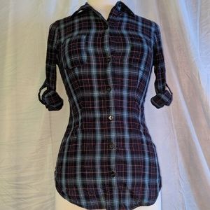 Navy blue, light blue and fuchsia plaid shirt